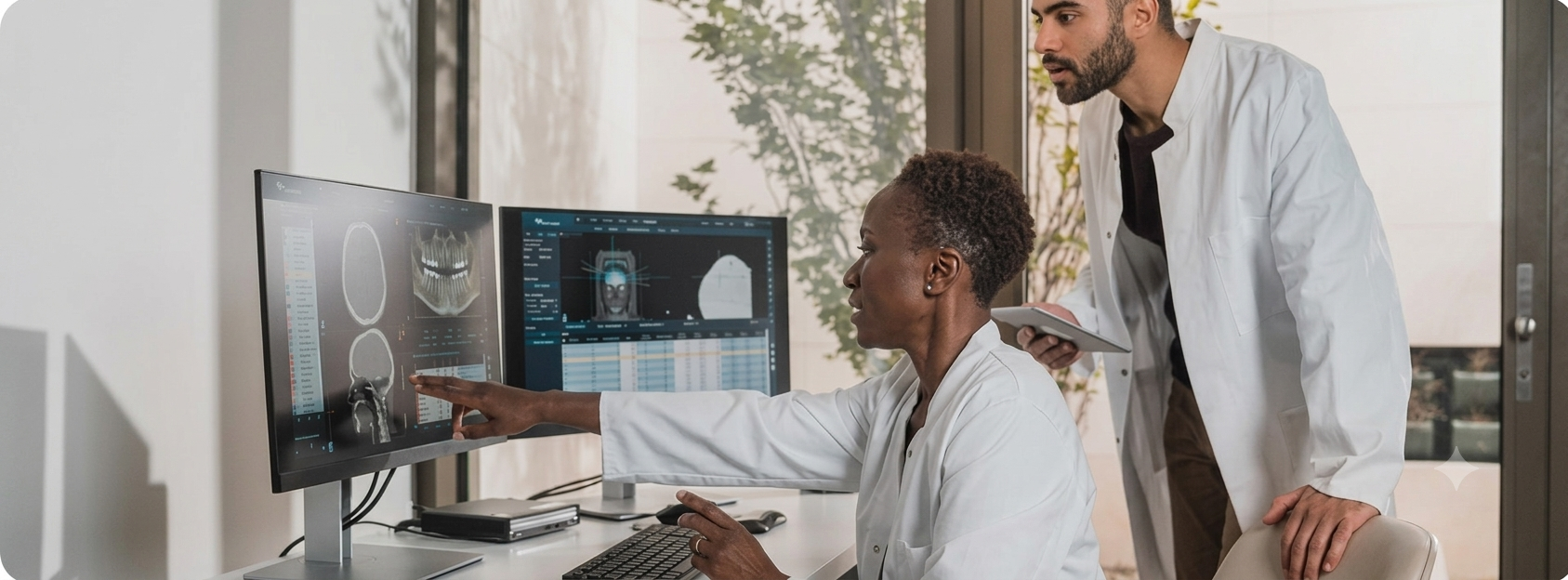 Medical professionals analyzing digital health scans on dual monitors